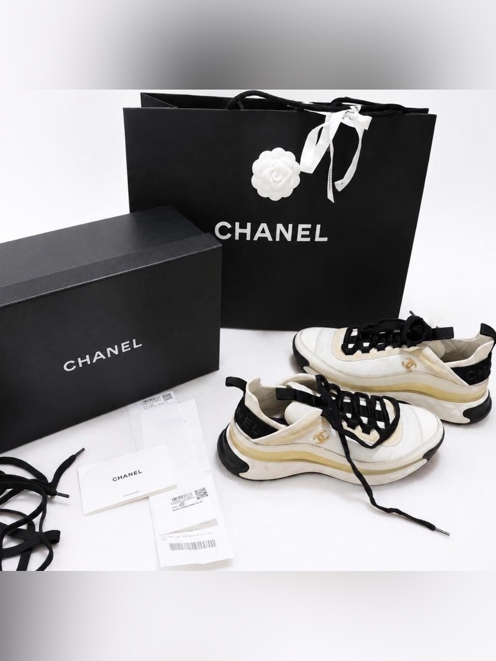 CHANEL White and Black Low-Top Women's Sneakers